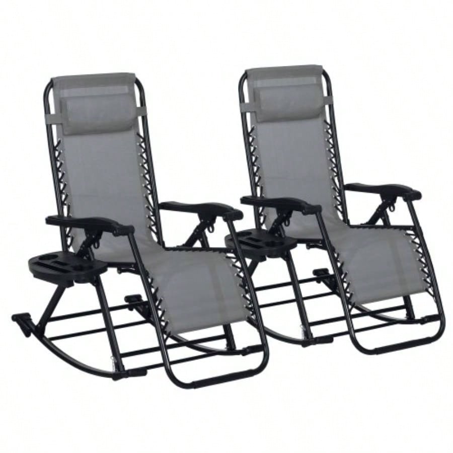 Outsunny 2 Pieces Outdoor Rocking Chairs, Foldable Reclining Zero Lounge Rocker with Pillow, Cup Phone Holder, Combo Design with Folding, Gray