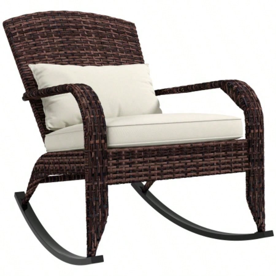 Outsunny Outdoor Wicker Adirondack Rocking Chair, Patio Rattan Rocker Chair with High Back, Cushion, and Pillow Garden, Porch, Balcony, White