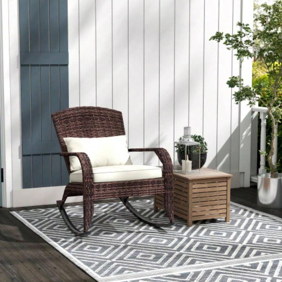 Outsunny Outdoor Wicker Adirondack Rocking Chair, Patio Rattan Rocker Chair with High Back, Cushion, and Pillow Garden, Porch, Balcony, White