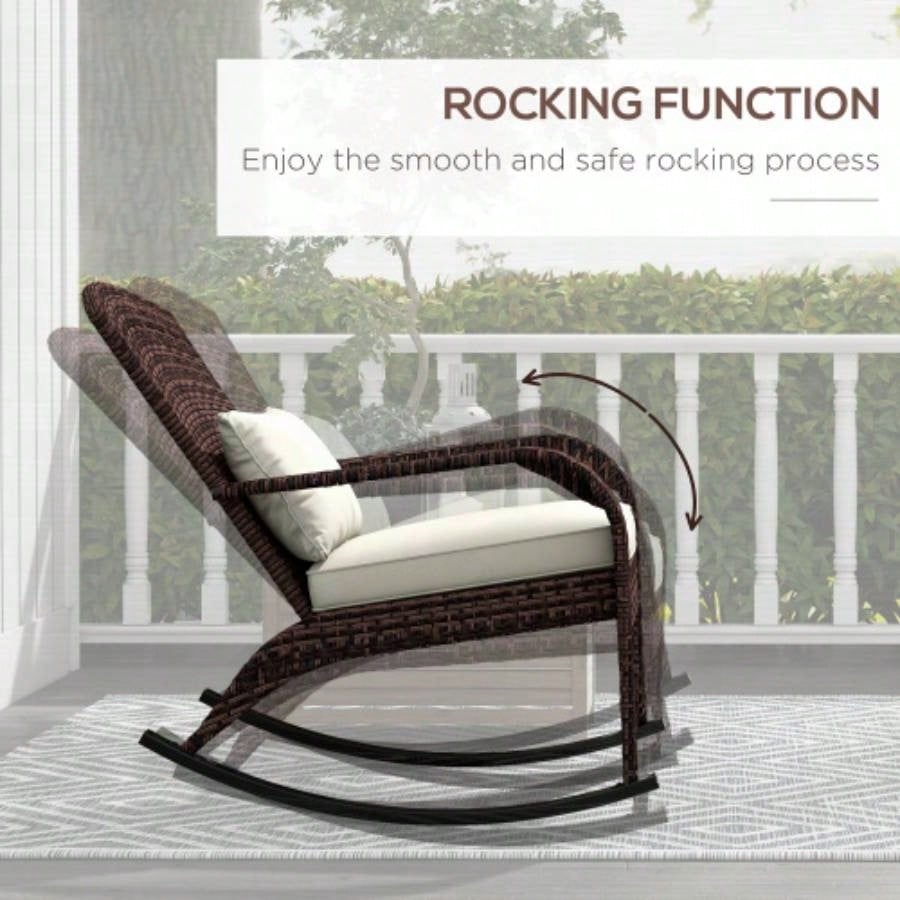 Outsunny Outdoor Wicker Adirondack Rocking Chair, Patio Rattan Rocker Chair with High Back, Cushion, and Pillow Garden, Porch, Balcony, White
