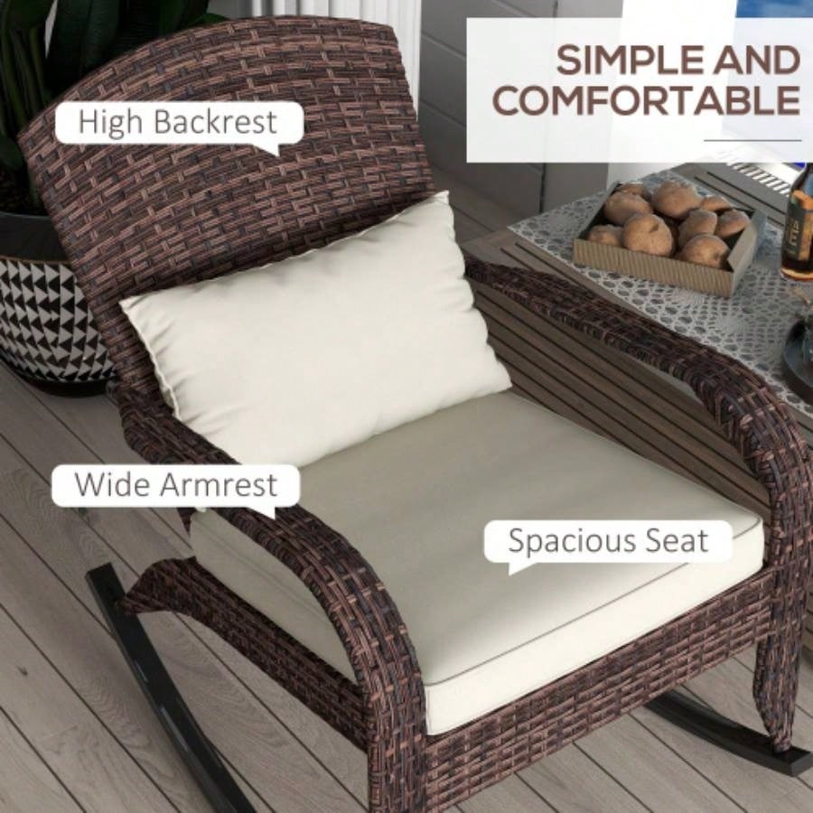Outsunny Outdoor Wicker Adirondack Rocking Chair, Patio Rattan Rocker Chair with High Back, Cushion, and Pillow Garden, Porch, Balcony, White