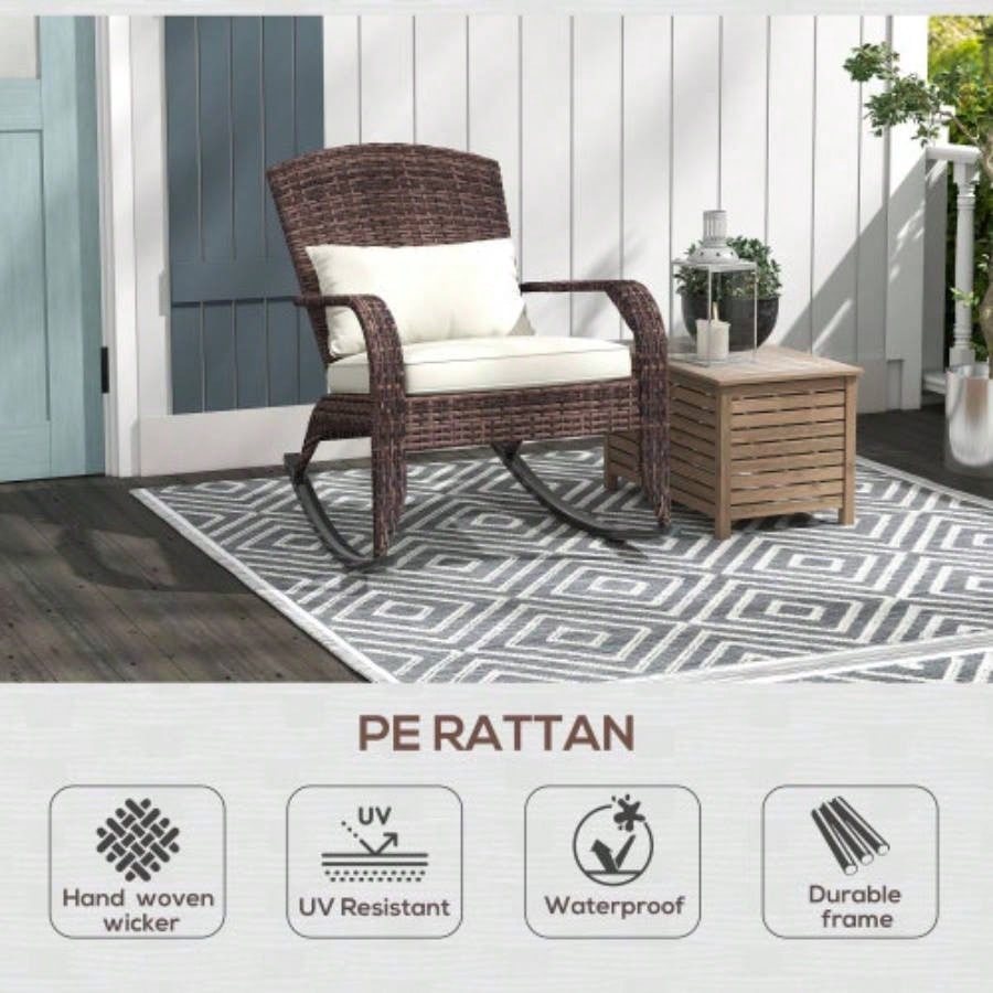 Outsunny Outdoor Wicker Adirondack Rocking Chair, Patio Rattan Rocker Chair with High Back, Cushion, and Pillow Garden, Porch, Balcony, White