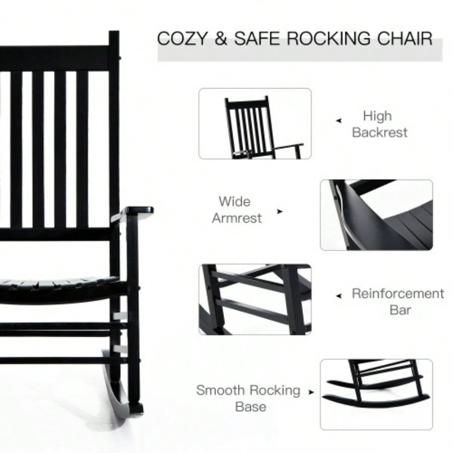 Outsunny Outdoor Rocking Chair, Patio Wooden Rocking Chair with Smooth Armrests, High Back Garden, Balcony, Porch, Supports Up to 352 lbs. Black