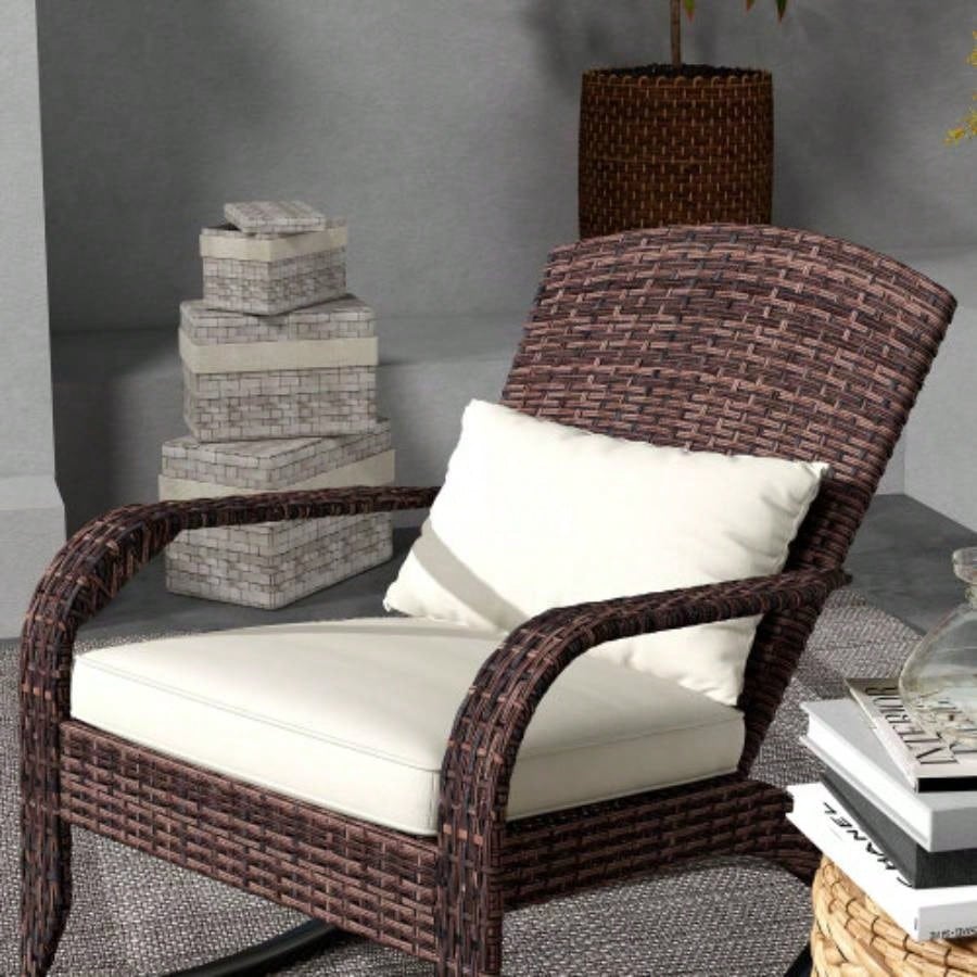 Outsunny Outdoor Wicker Adirondack Rocking Chair, Patio Rattan Rocker Chair with High Back, Cushion, and Pillow Garden, Porch, Balcony, White