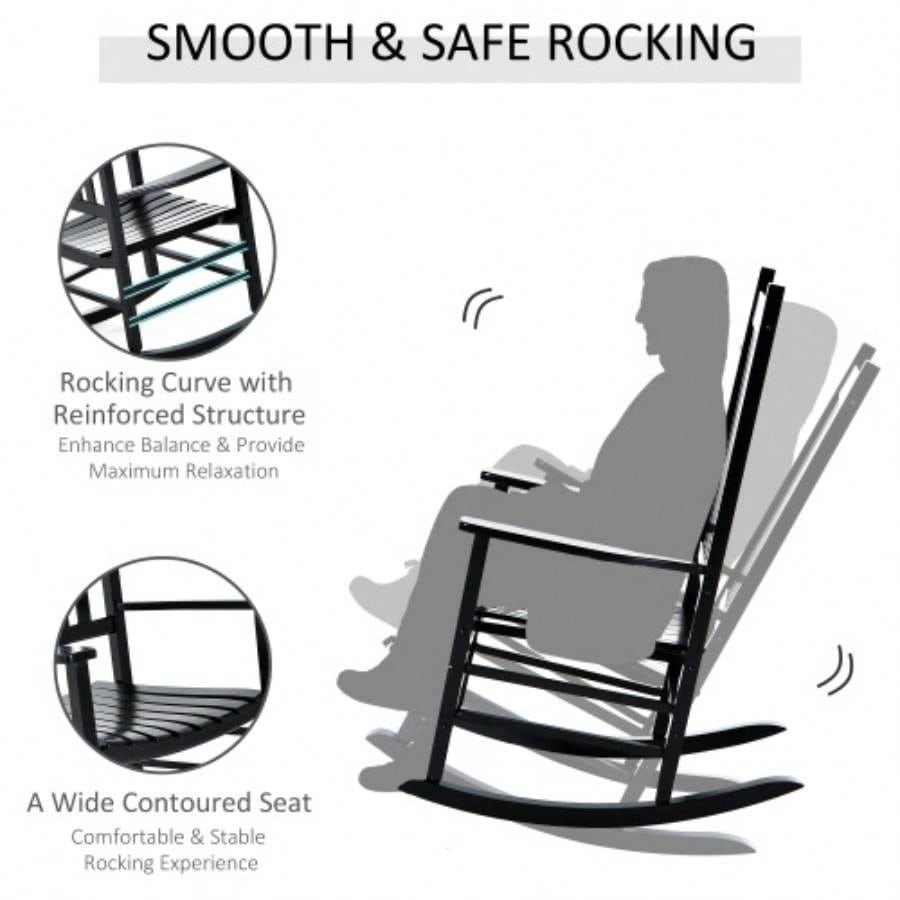Outsunny Outdoor Rocking Chair, Patio Wooden Rocking Chair with Smooth Armrests, High Back Garden, Balcony, Porch, Supports Up to 352 lbs. Black