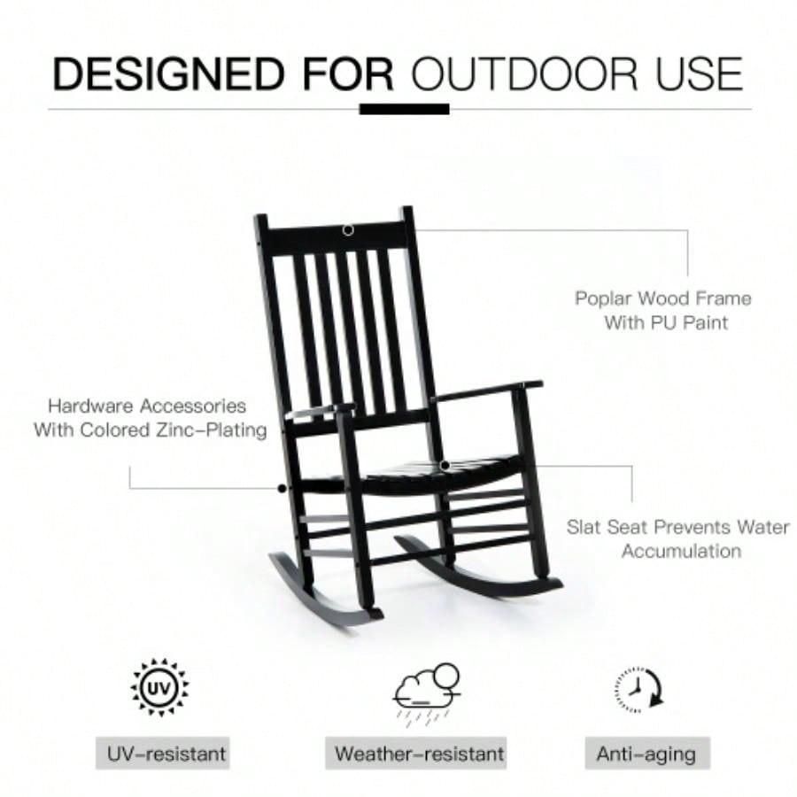 Outsunny Outdoor Rocking Chair, Patio Wooden Rocking Chair with Smooth Armrests, High Back Garden, Balcony, Porch, Supports Up to 352 lbs. Black