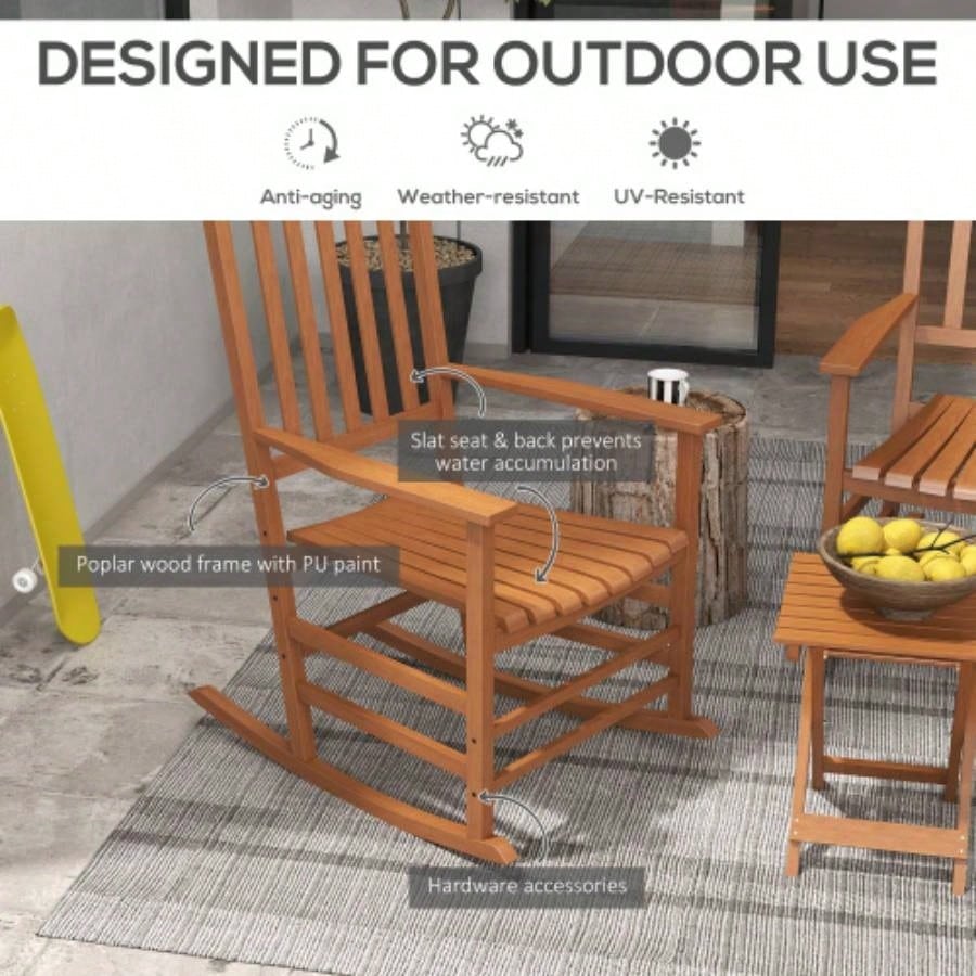 Outsunny Outdoor Rocking Chair Set of 2 with Side Table, Patio Wooden Rocking Chair with Smooth Armrests, High Back Garden, Balcony, Porch, Supports Up to 352 lbs. Teak
