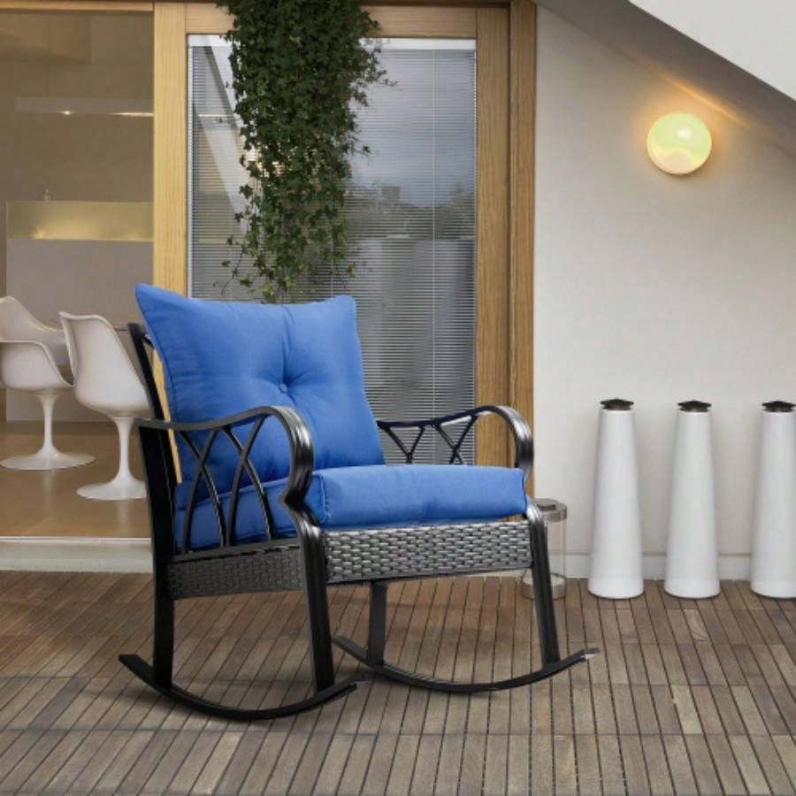 Outsunny Outdoor Wicker Rocking Chair with Padded Cushions, Aluminum Furniture Rattan Porch Rocker Chair/ Armrest Garden, Patio, and Backyard, Blue
