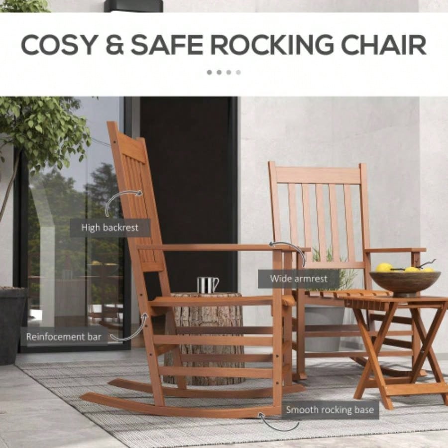 Outsunny Outdoor Rocking Chair Set of 2 with Side Table, Patio Wooden Rocking Chair with Smooth Armrests, High Back Garden, Balcony, Porch, Supports Up to 352 lbs. Teak