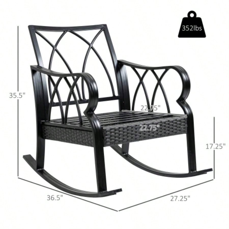 Outsunny Outdoor Wicker Rocking Chair with Padded Cushions, Aluminum Furniture Rattan Porch Rocker Chair/ Armrest Garden, Patio, and Backyard, Blue