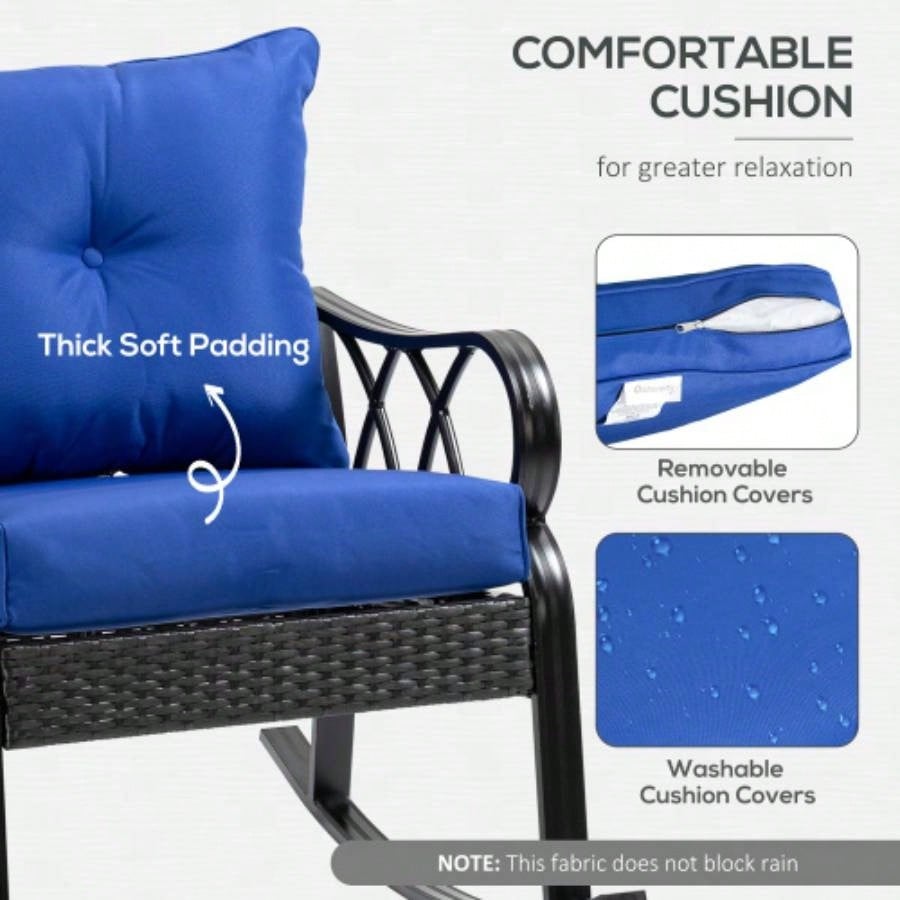 Outsunny Outdoor Wicker Rocking Chair with Padded Cushions, Aluminum Furniture Rattan Porch Rocker Chair/ Armrest Garden, Patio, and Backyard, Blue