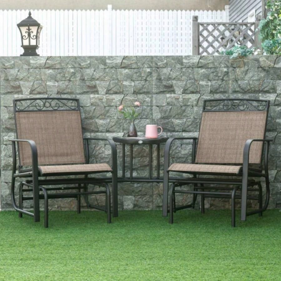 Outsunny Outdoor Glider Chairs with Coffee Table, Patio 2 - Rocking Chair Swing with Breathable Sling Backyard, Garden and Porch, Brown