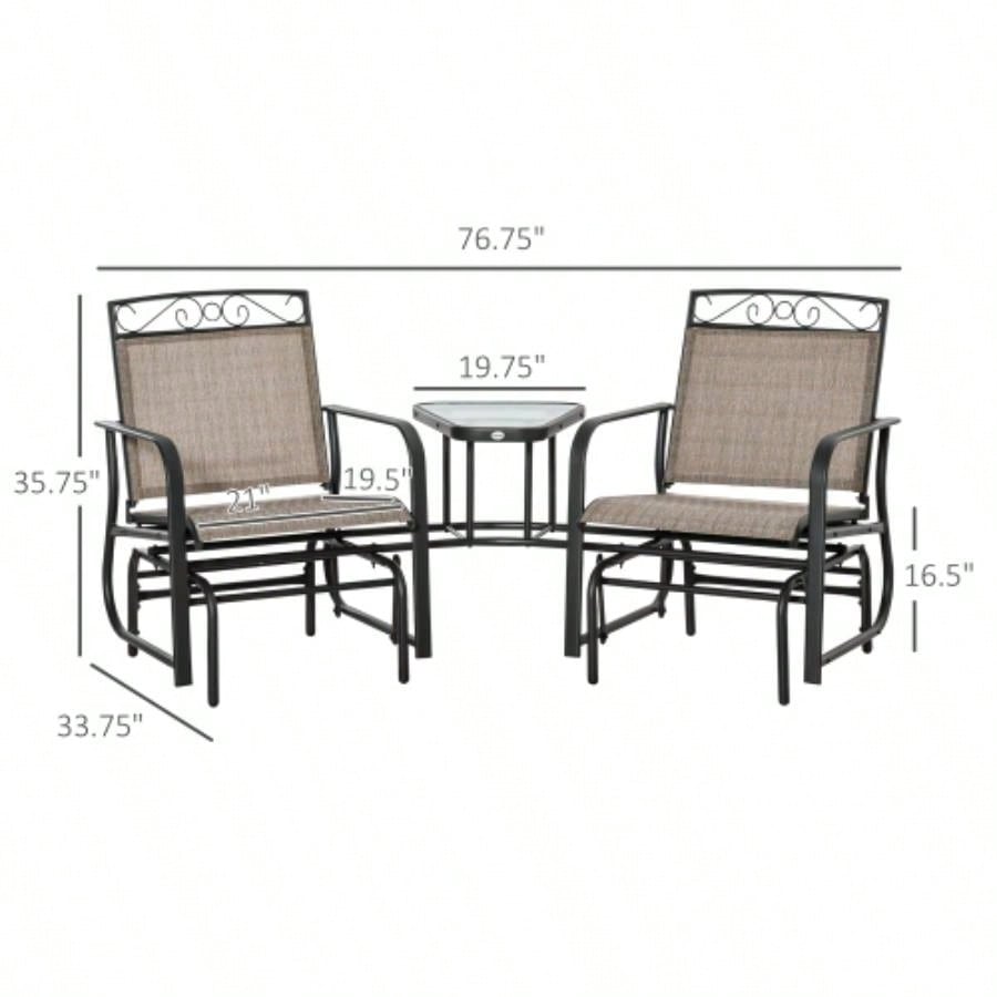 Outsunny Outdoor Glider Chairs with Coffee Table, Patio 2 - Rocking Chair Swing with Breathable Sling Backyard, Garden and Porch, Brown