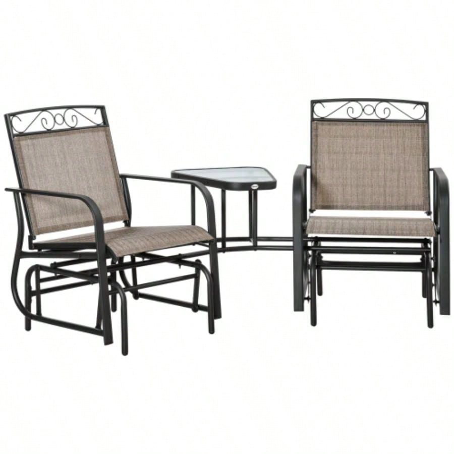 Outsunny Outdoor Glider Chairs with Coffee Table, Patio 2 - Rocking Chair Swing with Breathable Sling Backyard, Garden and Porch, Brown