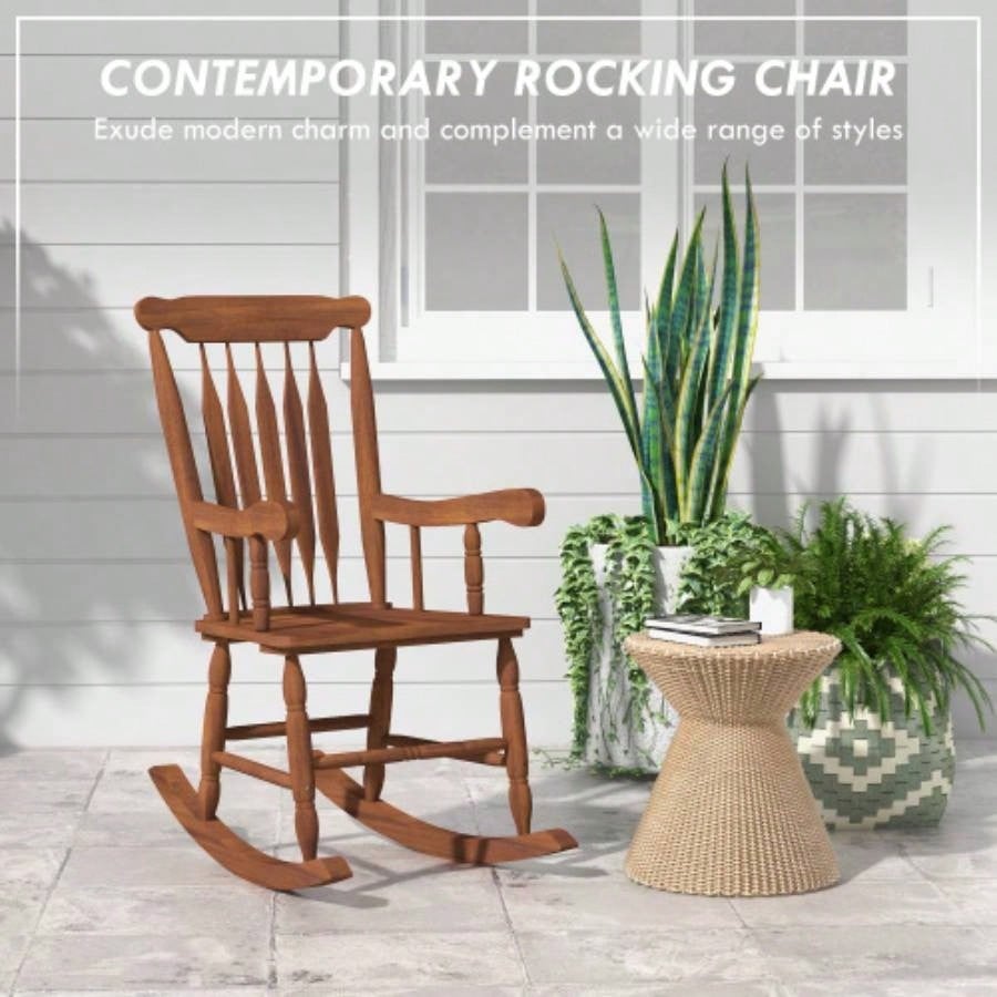 Outsunny Outdoor Wood Rocking Chair, 350 lbs. Porch Rocker with High Back Garden, Patio, Balcony, Teak