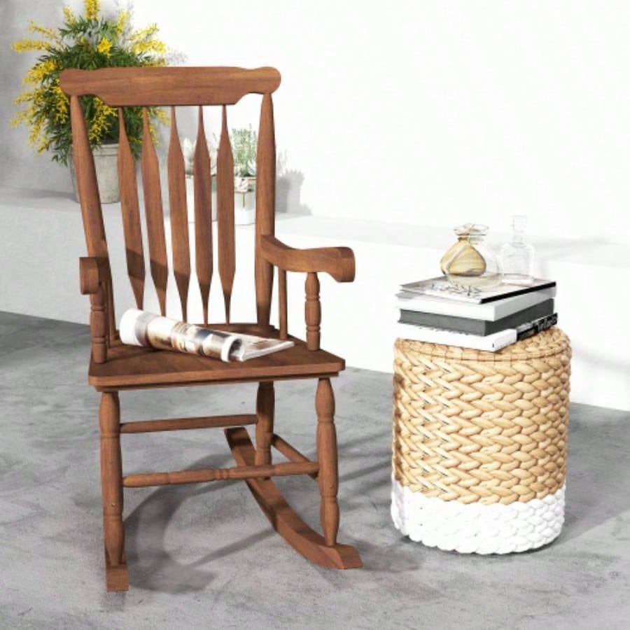 Outsunny Outdoor Wood Rocking Chair, 350 lbs. Porch Rocker with High Back Garden, Patio, Balcony, Teak