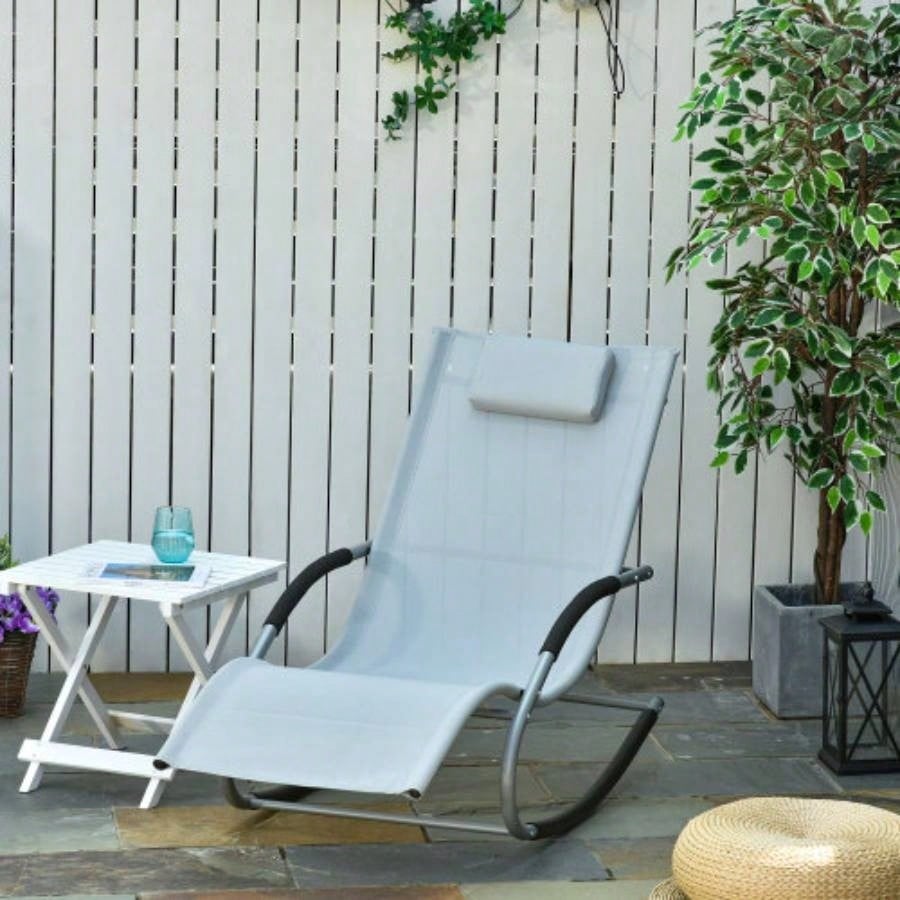 Outsunny Zero Rocking Chair Outdoor Chaise Lounge Chair Recliner Rocker with Detachable Pillow and Durable Weather - Fighting Fabric Patio, Deck, Pool,