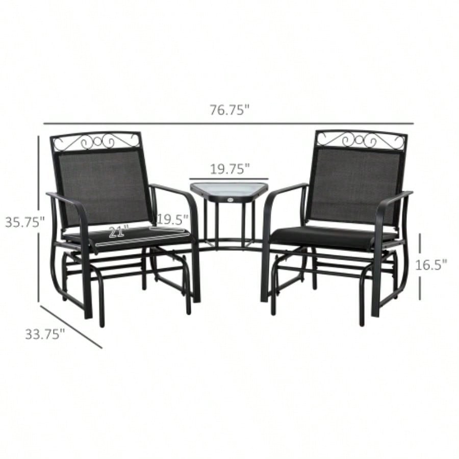 Outsunny Outdoor Glider Chairs with Coffee Table, Patio 2 - Rocking Chair Swing with Breathable Sling Backyard, Garden and Porch, Black