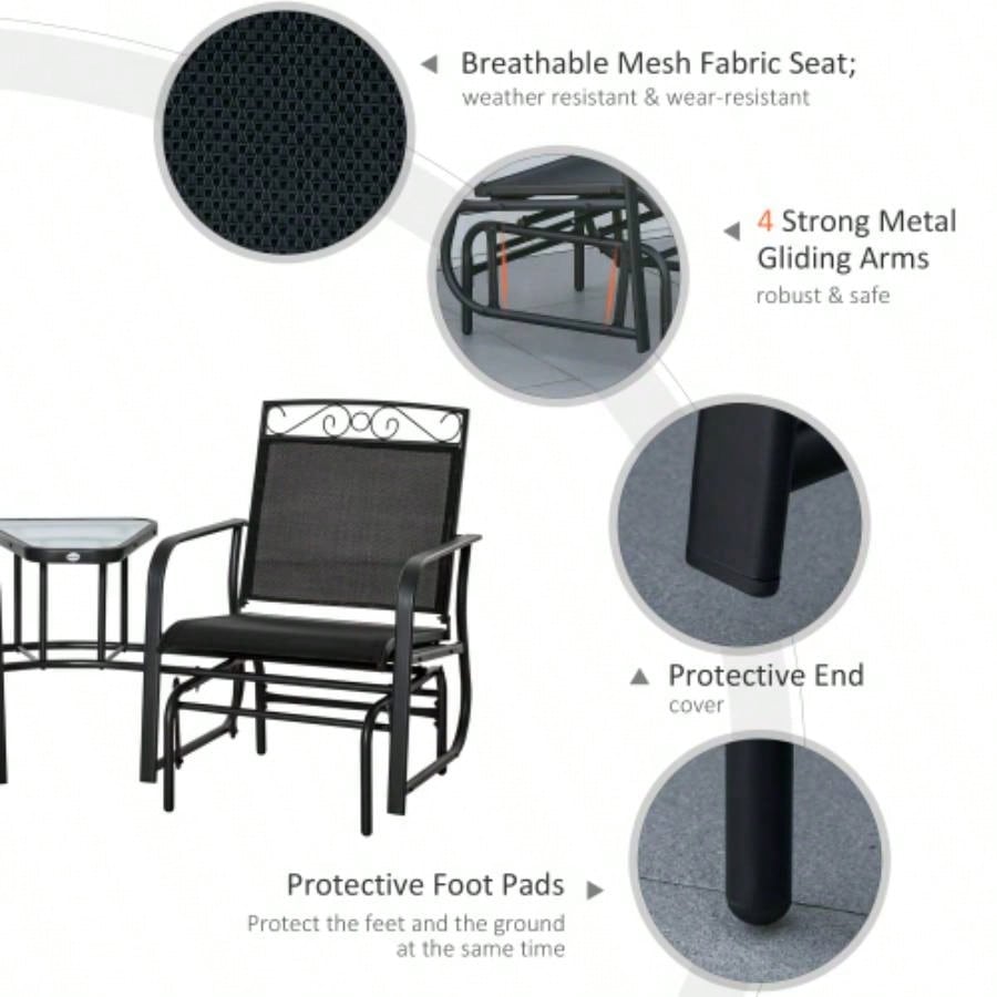 Outsunny Outdoor Glider Chairs with Coffee Table, Patio 2 - Rocking Chair Swing with Breathable Sling Backyard, Garden and Porch, Black