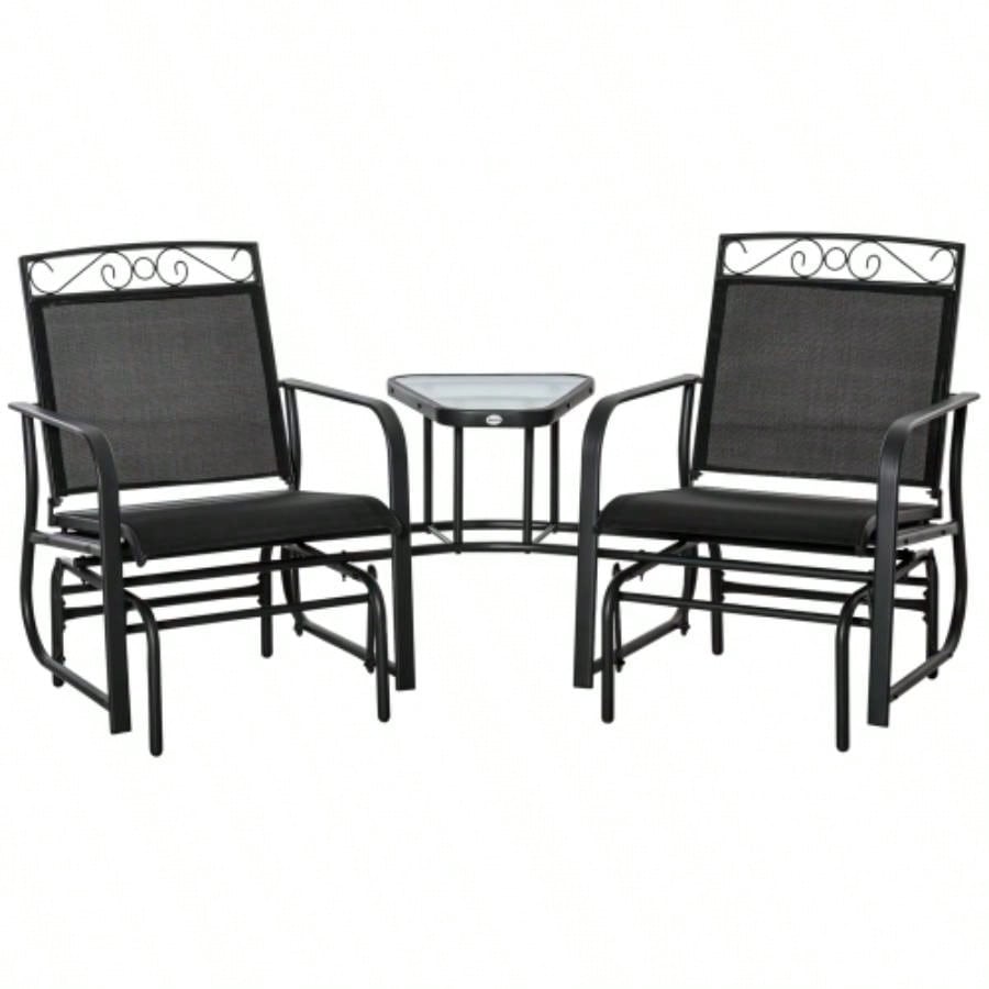 Outsunny Outdoor Glider Chairs with Coffee Table, Patio 2 - Rocking Chair Swing with Breathable Sling Backyard, Garden and Porch, Black