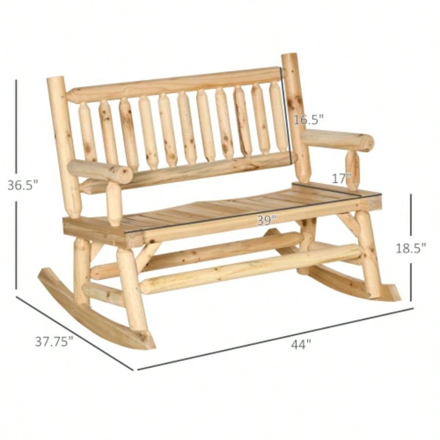 Outsunny 2 - Person Wood Rocking Chair with Log Design, Heavy Duty Loveseat with Wide Curved Seats Patio, Backyard, Garden, Natural