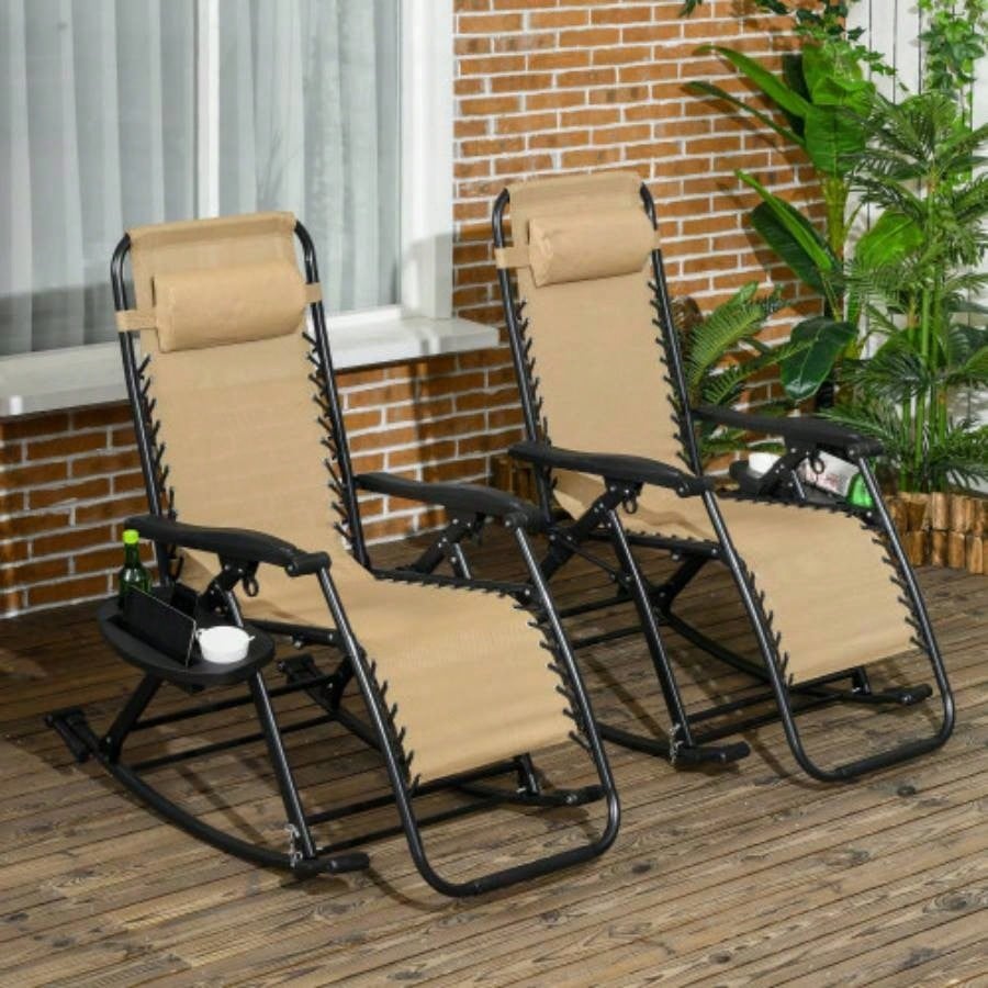 Outsunny 2 Pieces Outdoor Rocking Chairs, Foldable Reclining Zero Lounge Rocker with Pillow, Cup Phone Holder, Combo Design with Folding, Beige