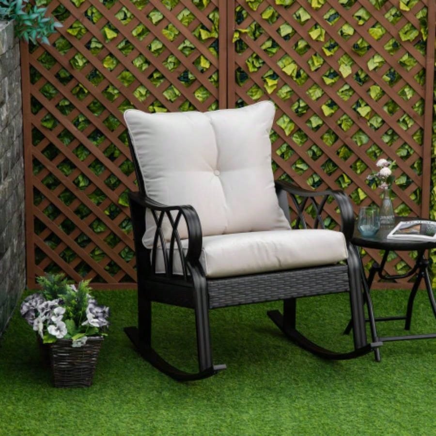 Outsunny Outdoor Wicker Rocking Chair with Padded Cushions, Aluminum Furniture Rattan Porch Rocker Chair/ Armrest Garden, Patio, and Backyard, Khaki