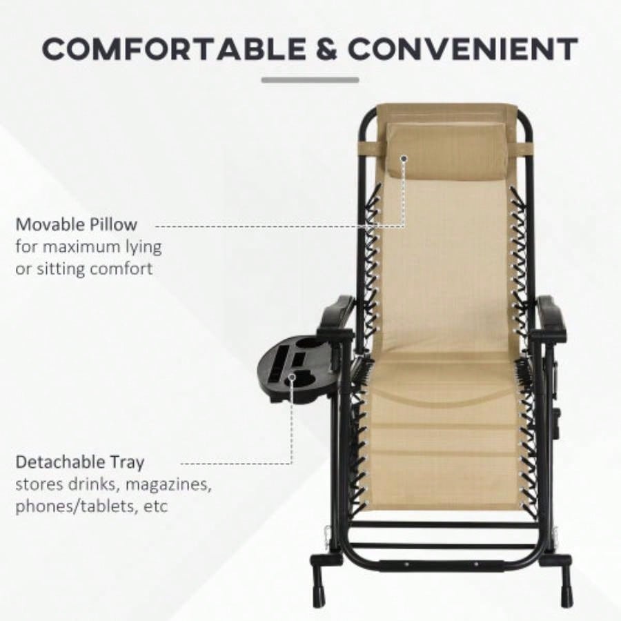 Outsunny 2 Pieces Outdoor Rocking Chairs, Foldable Reclining Zero Lounge Rocker with Pillow, Cup Phone Holder, Combo Design with Folding, Beige