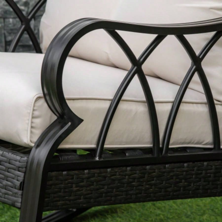 Outsunny Outdoor Wicker Rocking Chair with Padded Cushions, Aluminum Furniture Rattan Porch Rocker Chair/ Armrest Garden, Patio, and Backyard, Khaki