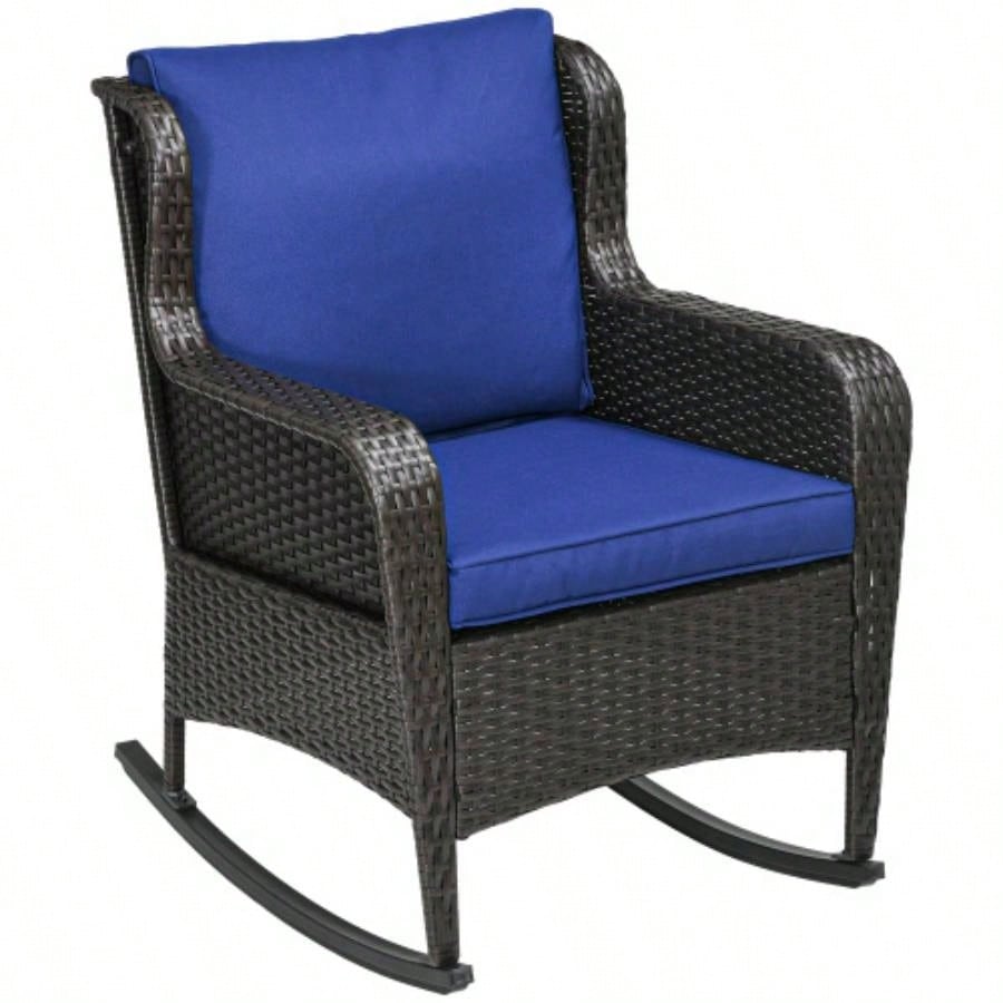 Outsunny Outdoor Wicker Rocking Chair with Wide, Thick Cushions, Rattan Rocker with Steel Frame, High Weight Capacity Patio, Garden, Backyard, Dark Blue