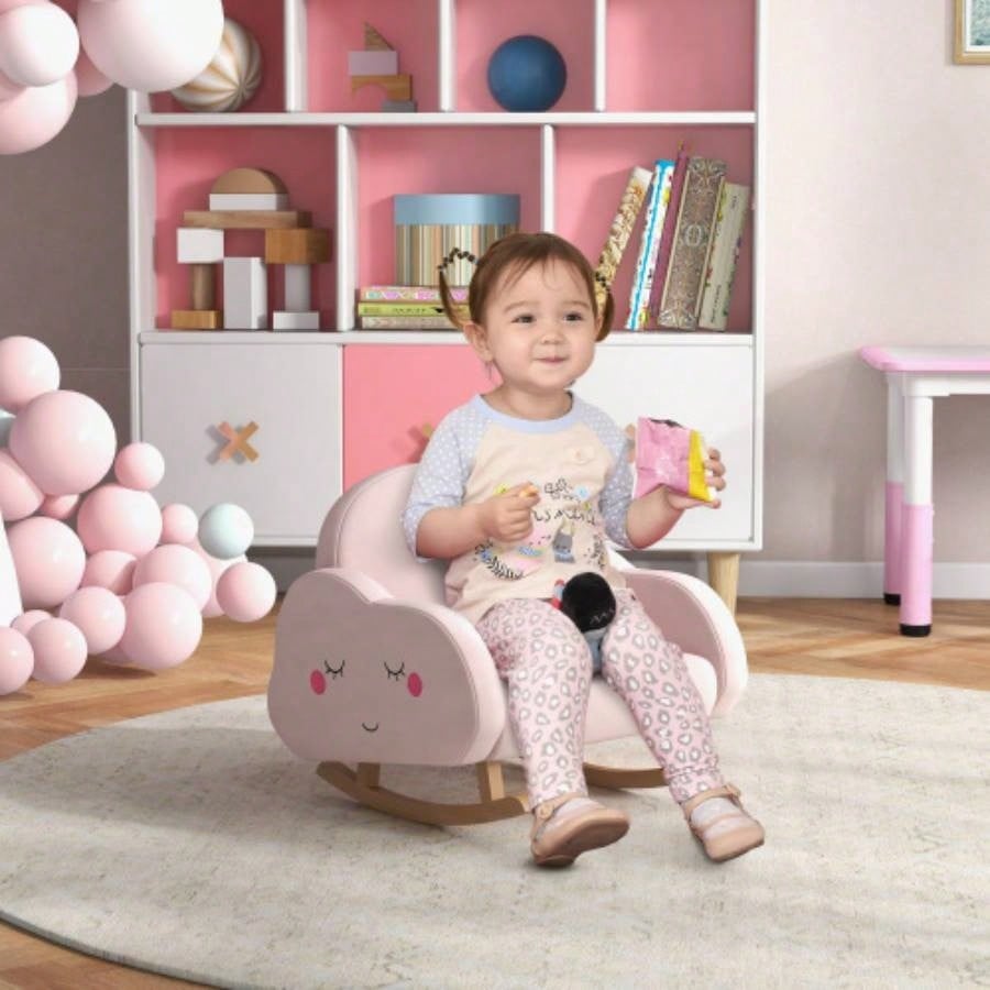 Qaba Kids Rocking Chair, Cloud Shaped Children Rocker Armchair Nursery Playroom Preschool, with Solid Wood, Anti - Tipping Design, 1.5 - 5 Years, Pink