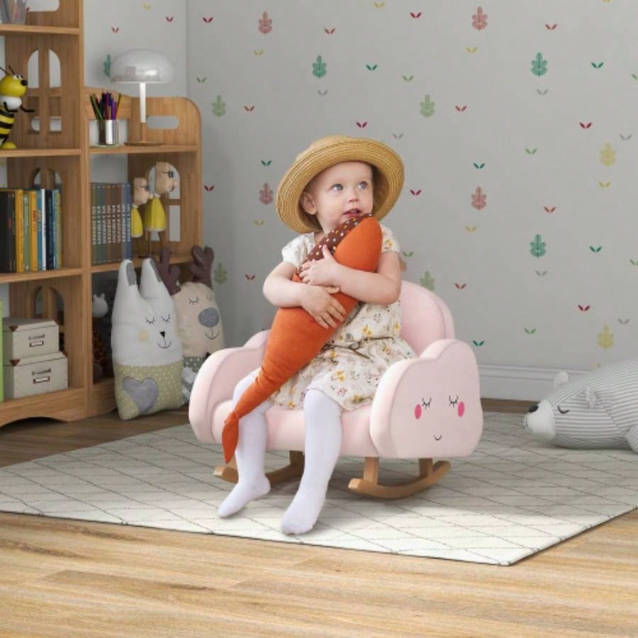 Qaba Kids Rocking Chair, Cloud Shaped Children Rocker Armchair Nursery Playroom Preschool, with Solid Wood, Anti - Tipping Design, 1.5 - 5 Years, Pink
