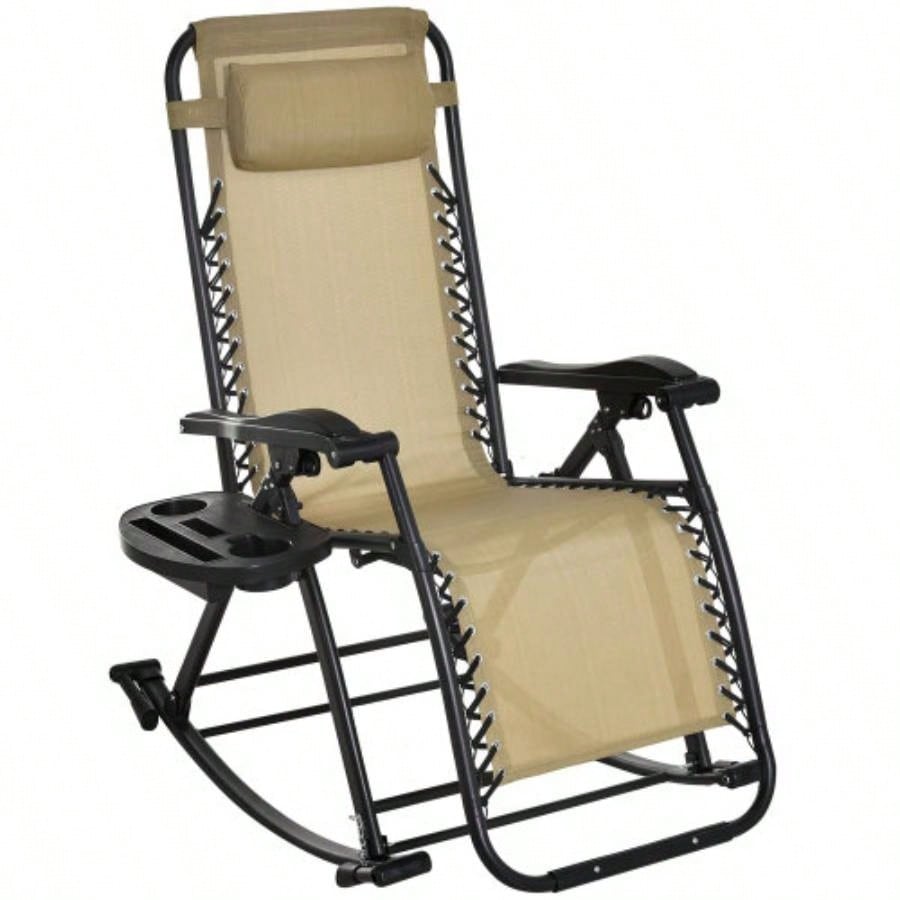 Outsunny Outdoor Rocking Chairs, Foldable Reclining Zero Lounge Rocker/ Pillow, Cup Phone Holder, Combo Design/ Folding, Beige