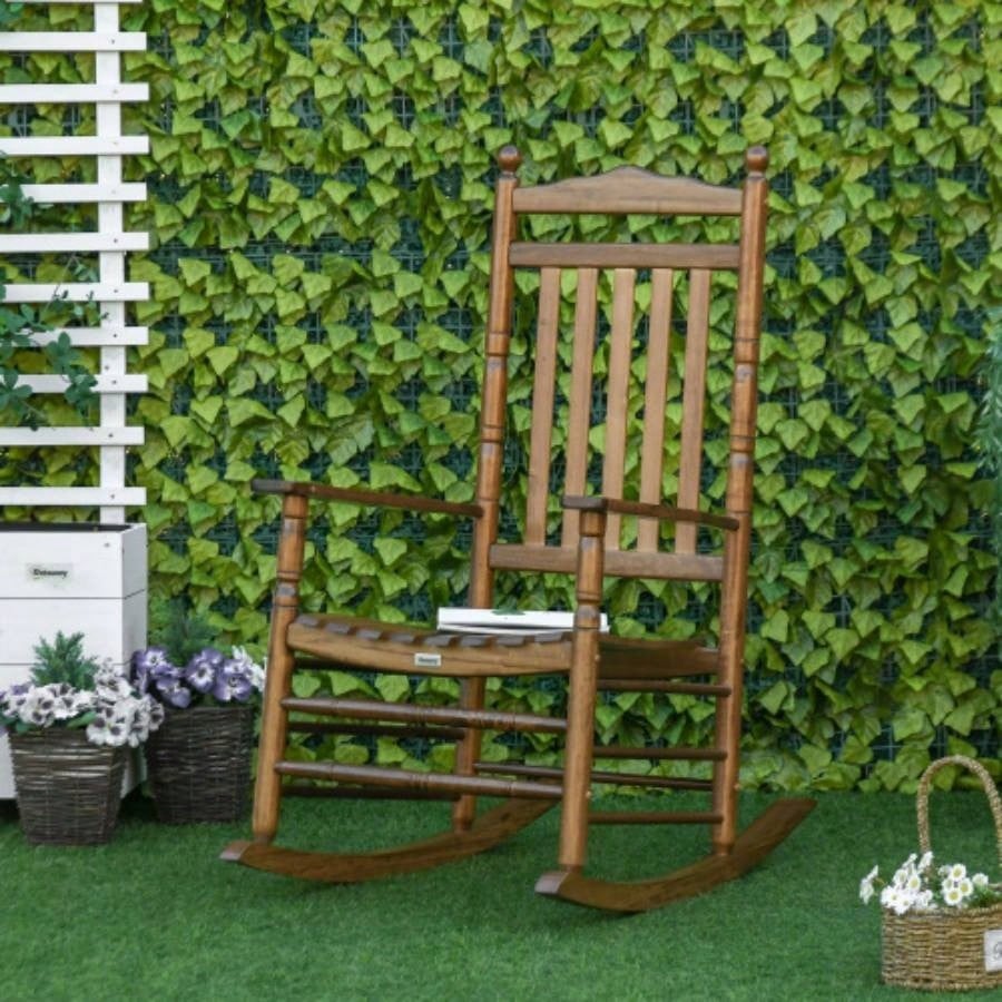 Outsunny Traditional Wooden High - Back Rocking Chair Porch, Indoor/Outdoor, Brown