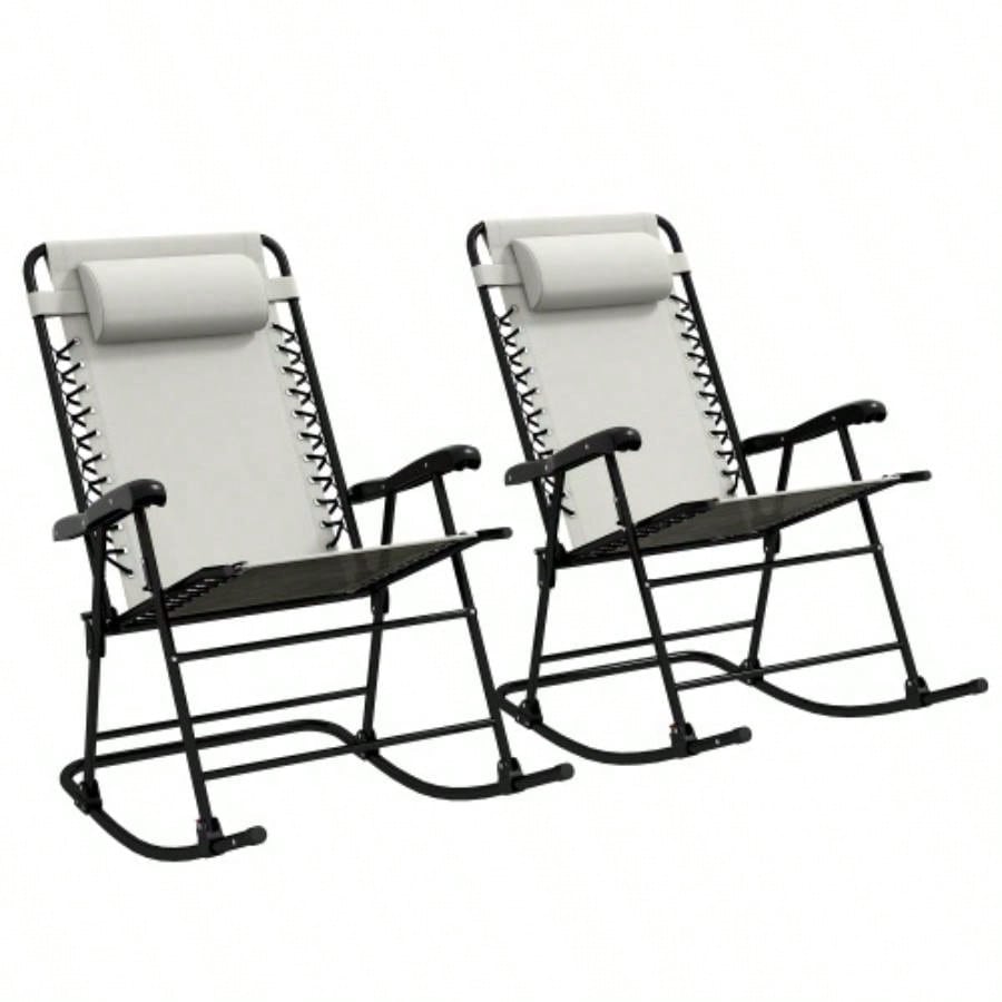 Outsunny 2 Piece Outdoor Rocking Chair Set, Patio Folding Lawn Rocker Set with Headrests Yard, Patio, Deck, Backyard, White