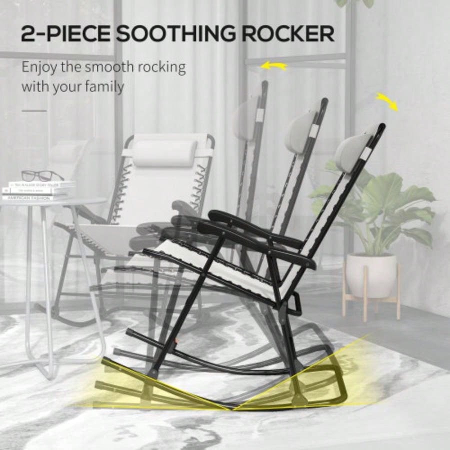 Outsunny 2 Piece Outdoor Rocking Chair Set, Patio Folding Lawn Rocker Set with Headrests Yard, Patio, Deck, Backyard, White