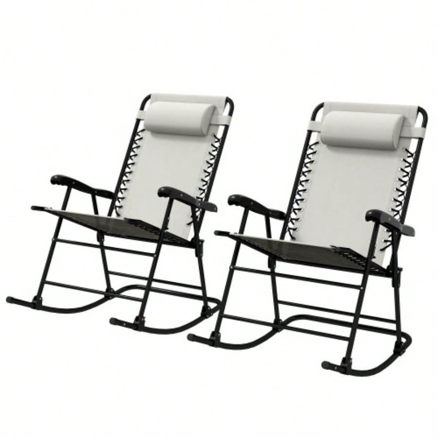 Outsunny 2 Piece Outdoor Rocking Chair Set, Patio Folding Lawn Rocker Set with Headrests Yard, Patio, Deck, Backyard, White