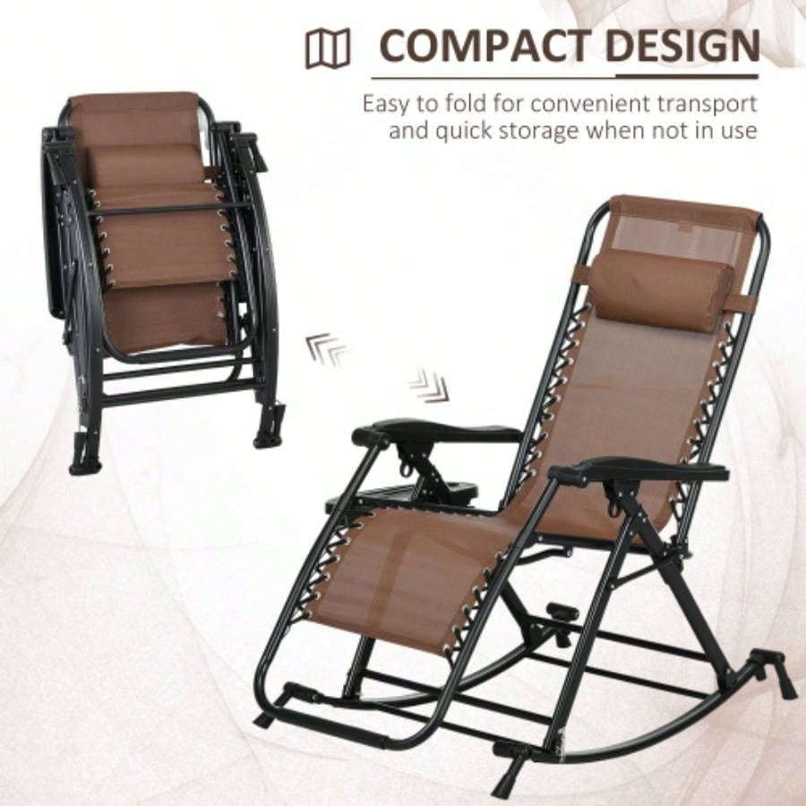 Outsunny Set of 2 Outdoor Rocking Chairs, Foldable Reclining Zero Lounge Rocker with Pillow, Cup Phone Holder, Combo Design with Folding, Brown