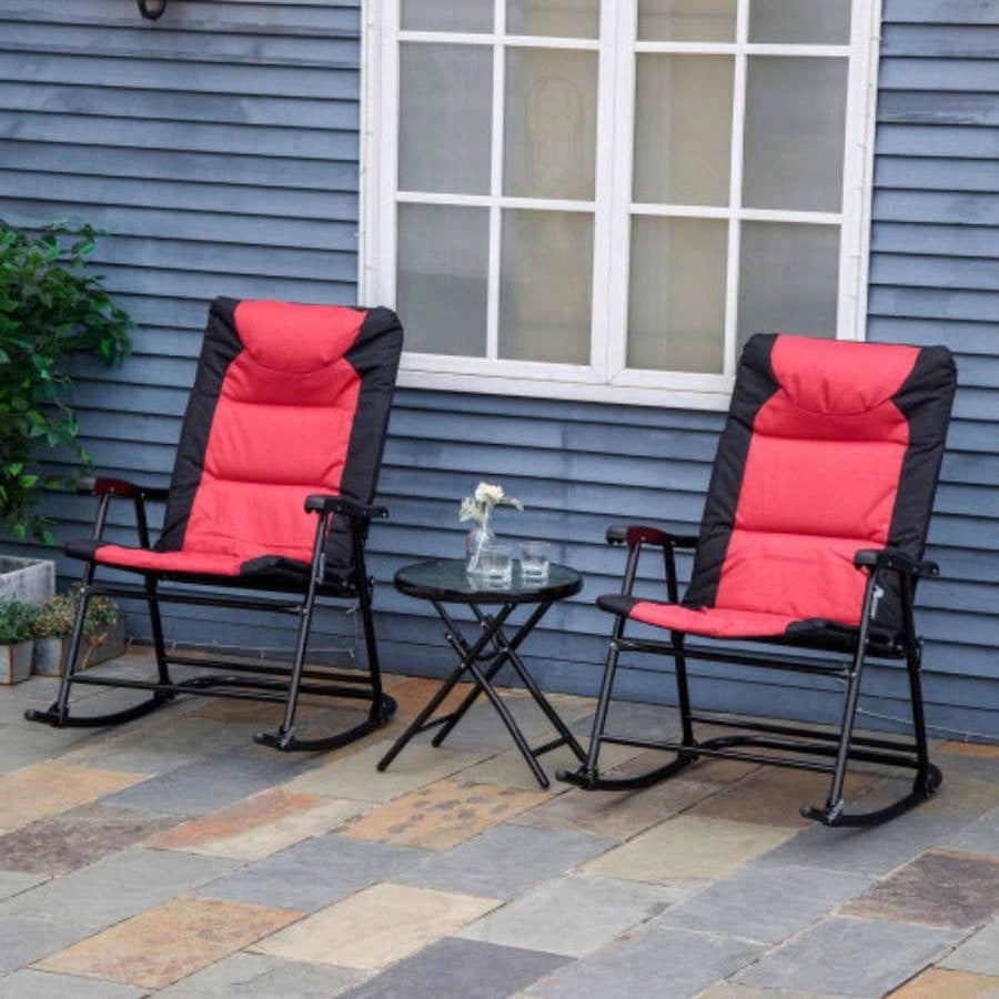 3 Piece Outdoor Patio Furniture Set with Glass Coffee Table 2 Folding Padded Rocking Chairs, Bistro Style Porch, Camping, Balcony, Red