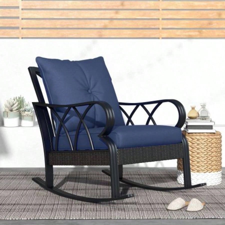 Outsunny Outdoor Wicker Rocking Chair with Padded Cushions, Aluminum Furniture Rattan Porch Rocker Chair/ Armrest Garden, Patio, and Backyard, Navy Blue