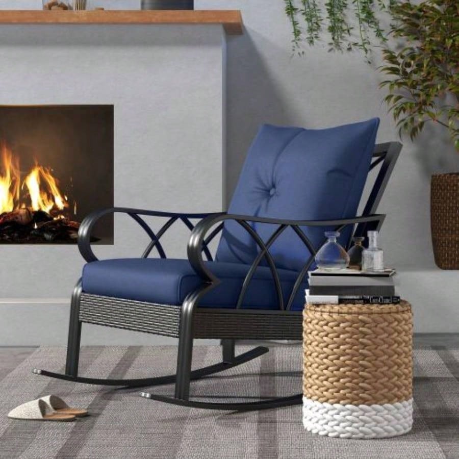 Outsunny Outdoor Wicker Rocking Chair with Padded Cushions, Aluminum Furniture Rattan Porch Rocker Chair/ Armrest Garden, Patio, and Backyard, Navy Blue