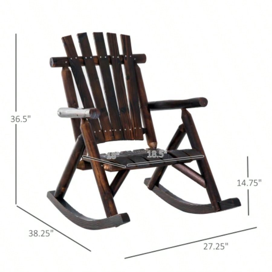 Outsunny Outdoor Wooden Rocking Chair, Rustic Adirondack Rocker with Slatted, High Backrest, Armrests Patio, Garden, and Porch, Large, Brown