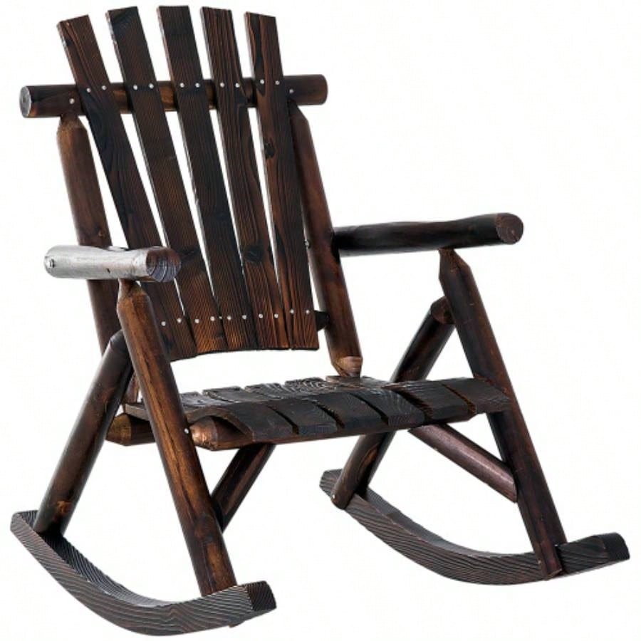 Outsunny Outdoor Wooden Rocking Chair, Rustic Adirondack Rocker with Slatted, High Backrest, Armrests Patio, Garden, and Porch, Large, Brown