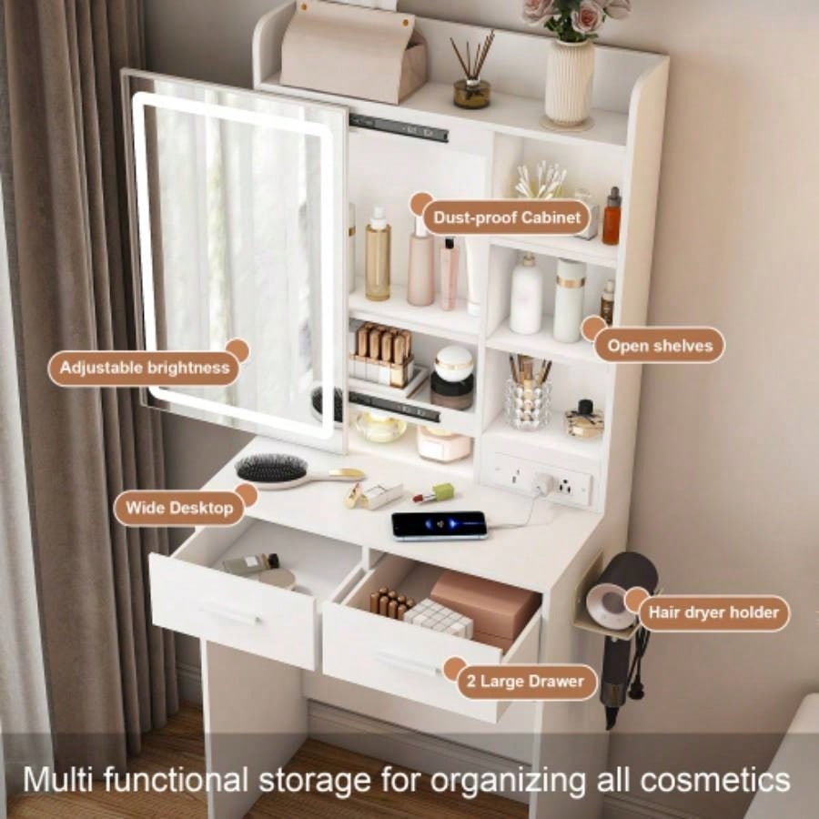 Small Makeup Vanity Desk with Mirror Adjustable LED Lights, Built - in Power Outlet Hidden Storage, Includes padded stool Shelf, Space - Saving Dressing Table Small Bedrooms, White