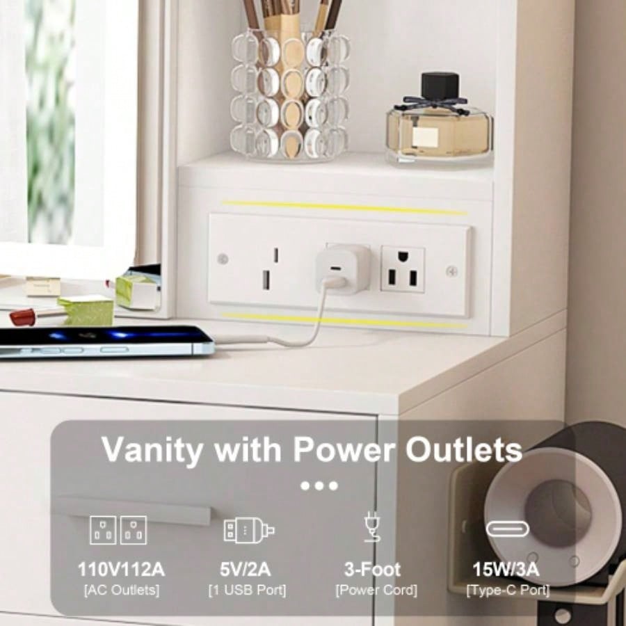 Small Makeup Vanity Desk with Mirror Adjustable LED Lights, Built - in Power Outlet Hidden Storage, Includes padded stool Shelf, Space - Saving Dressing Table Small Bedrooms, White