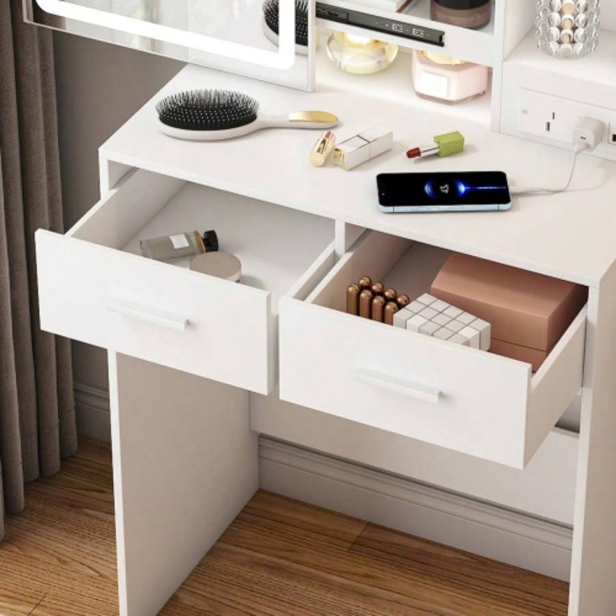 Small Makeup Vanity Desk with Mirror Adjustable LED Lights, Built - in Power Outlet Hidden Storage, Includes padded stool Shelf, Space - Saving Dressing Table Small Bedrooms, White