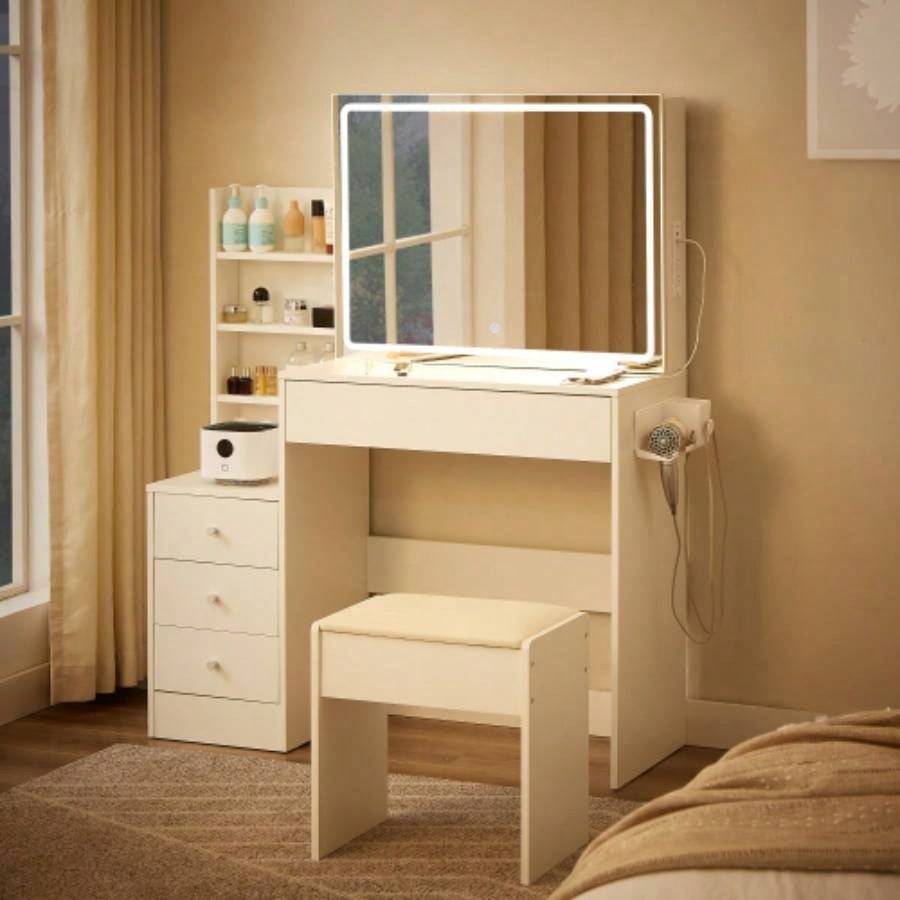 Vanity table with LED - lit mirror with power outlet and hairdryer shelving, with 4 drawers and upholstered stool, brightness adjustable in 3 lighting modes, storage table, White, 43.3L *15. *55.4H