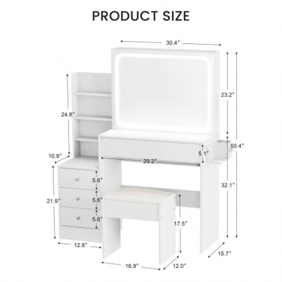 Vanity table with LED - lit mirror with power outlet and hairdryer shelving, with 4 drawers and upholstered stool, brightness adjustable in 3 lighting modes, storage table, White, 43.3L *15. *55.4H