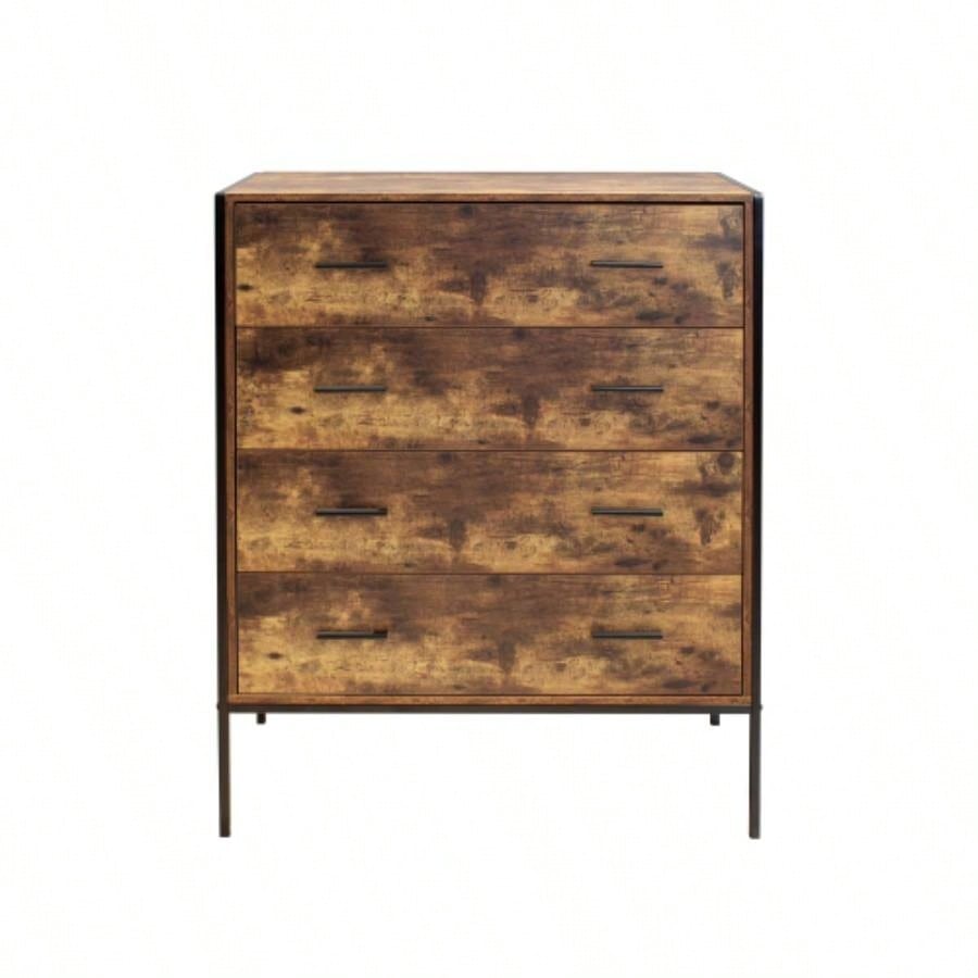 Industrial Style 4 Drawer Dresser, Rustic Brown Wood Storage Dresser Clothes Organizer with Sturdy Steel Frame, Chest with 4 Drawer, Storage Cabinet Bedroom, Living Room