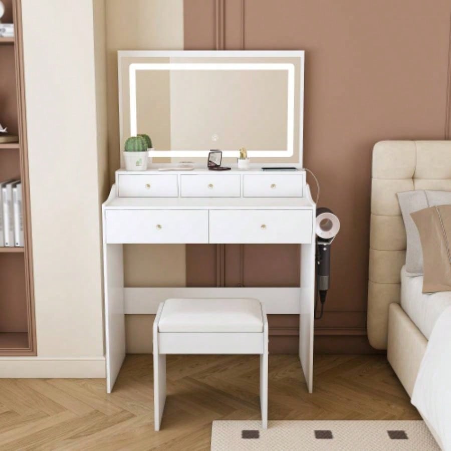 New Large Mirror Vanity Desk Bed room, Modern Makeup Vanity Set with Power Outlet and Hair dryer holder, 5 Drawers, 3 Lighting Color Adjustable Dressing Table Bedroom, Black Color